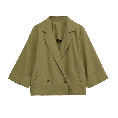 Women's Double-Breasted Loose Linen Blazer Coat Short Sleeve Pockets Chic Female Outerwear Top