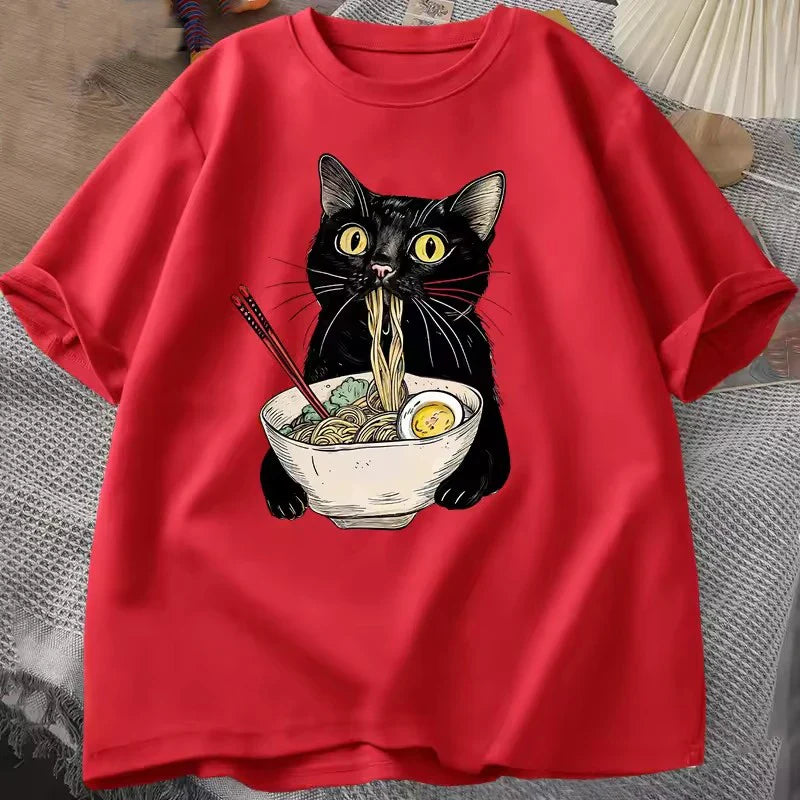 Cotton Noodle Ramen Cat T Shirt Foodie Lover T Shirts Black Cat  T-Shirts Retro Casual Short Sleeve Tshirt Men Women Clothes