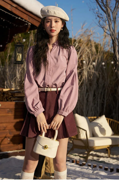French Autumn Winter Button Up Lantern Long Sleeve Shirts Women Ruffle Neck Thick Warm Blouse Flannel Shirt MXC56X1320