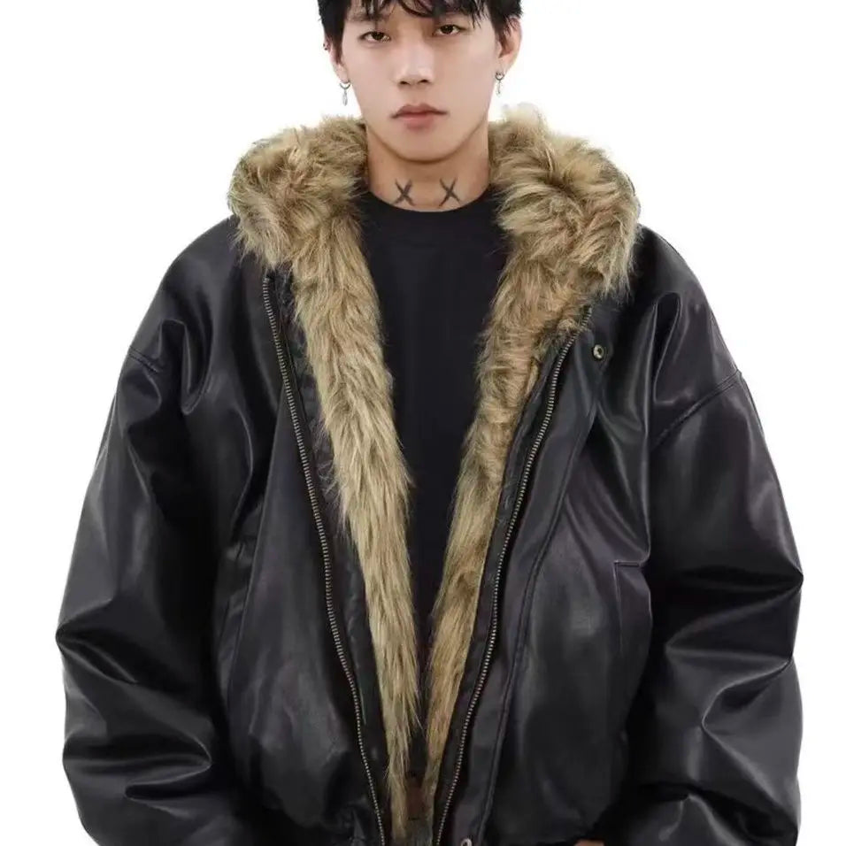 Luxury Vintage Short American Faux Fur Coat New Reversible Wear Hooded Warm Pu Leather Jacket Winter Thick Chic Outerwear New