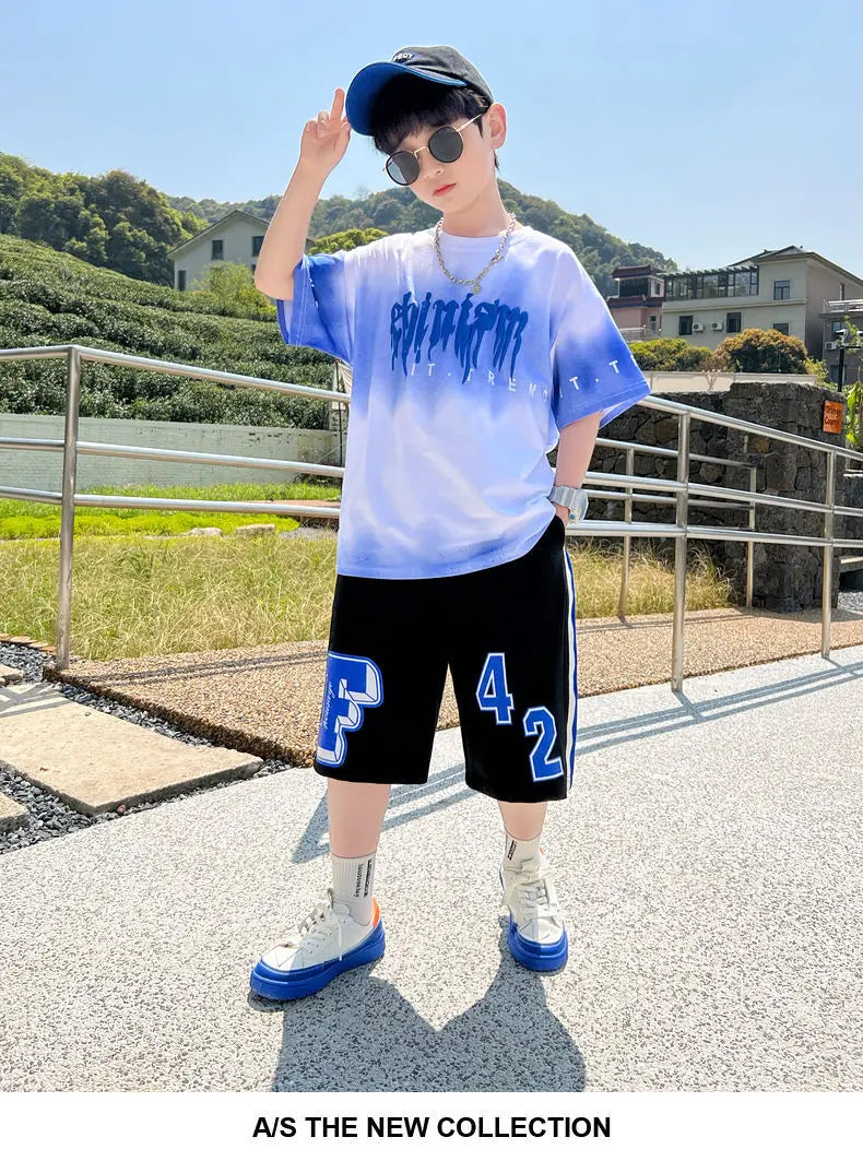 Summer Boys Cotton Alphabet Tie Dye t-Shirt Tops+Sweat Shorts Pant School Kids Tracksuit Child 2PCS Outfit Workout Set 5-16Years