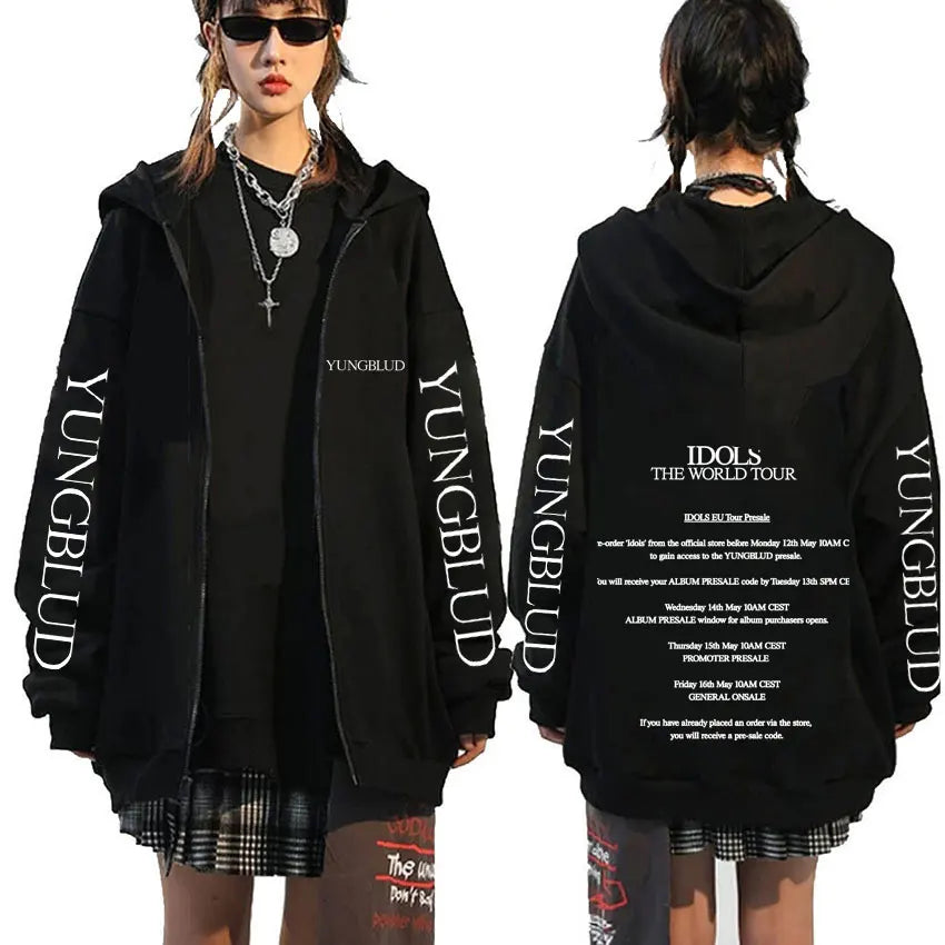 Singer Yungblud Black Hearts Club Zipper Hoodie Male Fleece Cotton Zip Up Hoodies Men Women Rock Vintage Oversized Zip Up Jacket