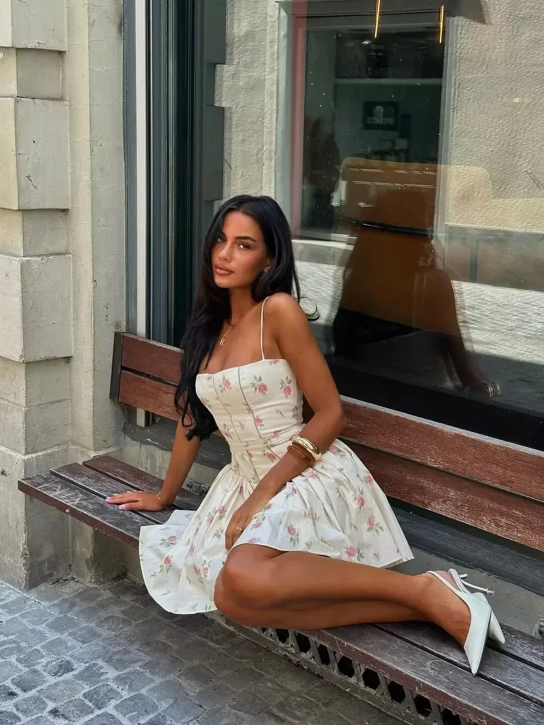 Summer Floral Print Mini Dress Spaghetti Strap Square Neck A-line Cute Dresses for Vacation Beach Party Women