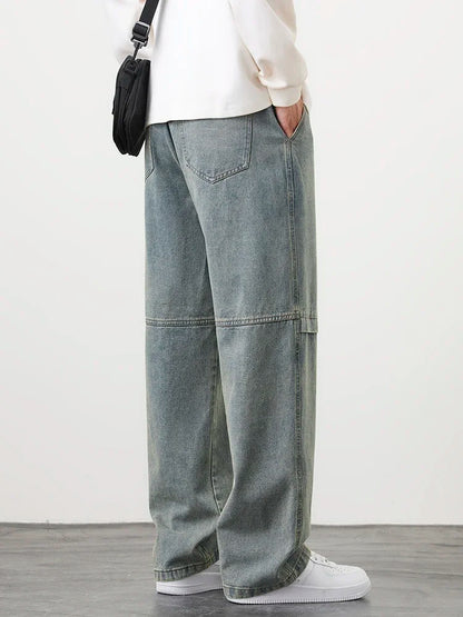 8XL New Retro Blue Men's Jeans Large Size String Banding Wide Leg Denim Pants Cotton Casual Straight Jean Trousers 6XL 7XL