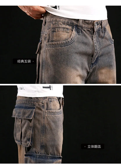 New Men's Fashion Multiple Pockets Loose Jeans Casual Denim Straight Pants Male Hip Hop Wide Leg Cargo Trousers Streetwear
