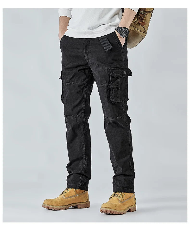 2026 Men's Cargo Pants Straight Leg Cotton Stretch Tactical Trouser Male Military Outdoor Camping Fishing Casual Work Wear Khaki