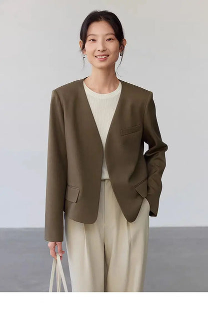 Womens Gray Collarless Blazer Cropped Open Front Suit Jacket Casual Office Outerwear