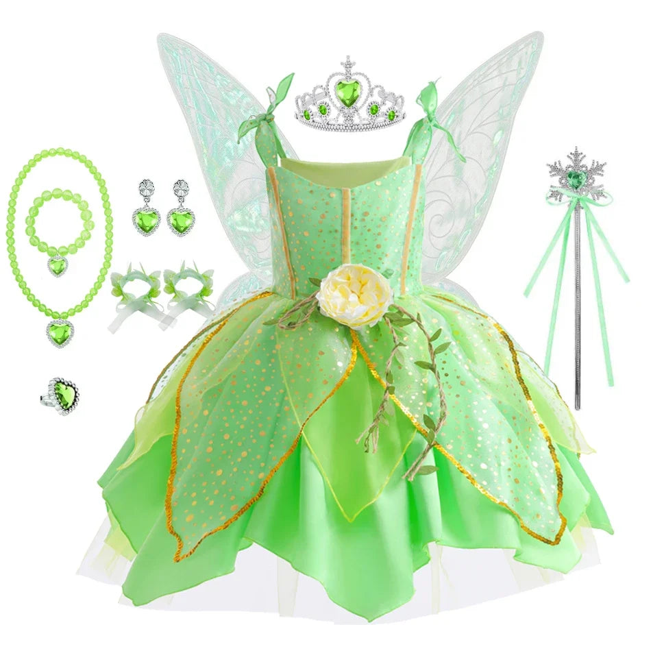 Girls Flower Fairy Dress Up Kids Princess Dress With Wings Halloween Princess Costume Elves Party Tinkerbell Tinker Bell Dress