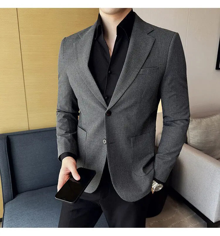 Korean Vintage Elegant Men's Business Slim Fit Suit Jacket 2026 New Fashion Lapel Single Breasted Men Social Party Dress Coats