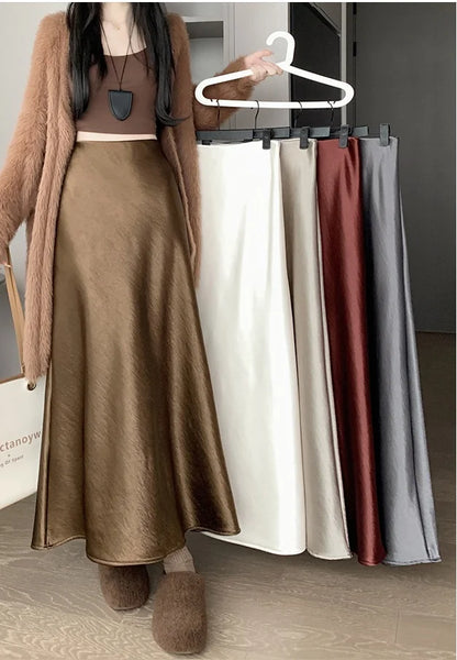 New Autumn Winter Solid Satin Silk Mermaid Skirt Women Fashion High Waist Office Ladies Work Warmth Party Long Maxi Skirt