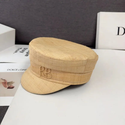 British Women’s Straw Newsboy Cap Summer Flat Top Sun Hat Spring Summer Raffia Handmade Monogram Embellished Baker Boy Cap