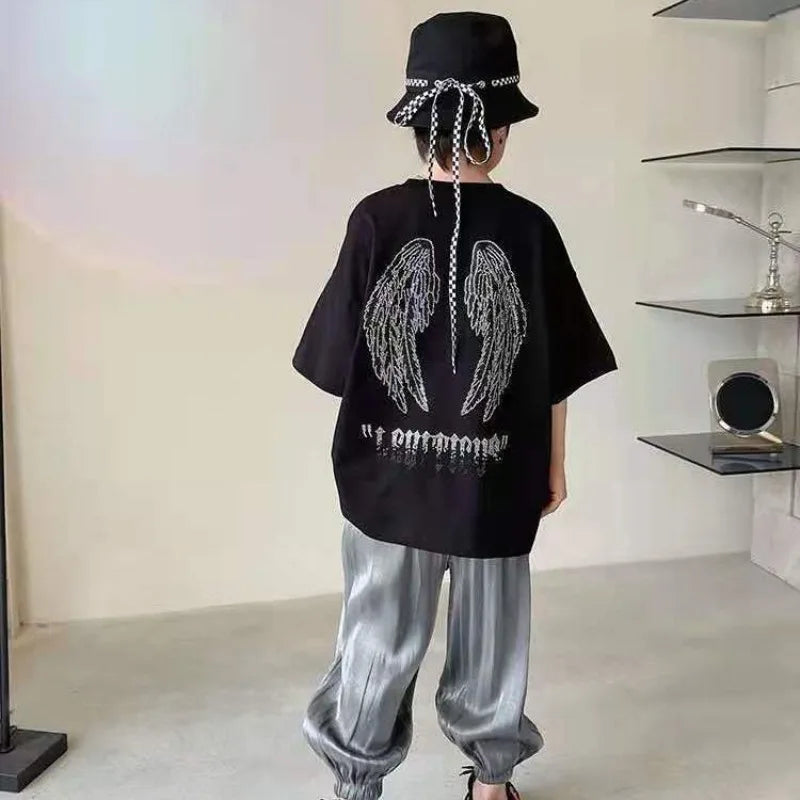 Wings with Rhinestones Trendy Short-sleeve for Kids T-shirt Children Clothes 7 To 14 Years Child 2025 Children's Clothing Korean