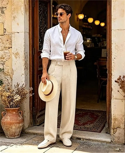 Mens Linen Casual Dress Pants Old Money Pleated Wide Leg Baggy Vintage Relaxed Fit Slacks Work Office Trousers