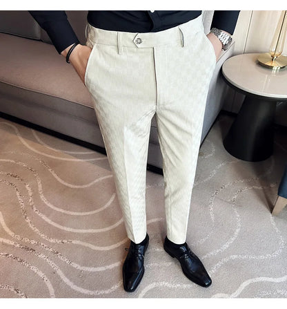 New Men Casual Plaid Suit Pants Fashion Men's Slim Fit Business Social Dress Pants Formal Wedding Social Party Male Trousers