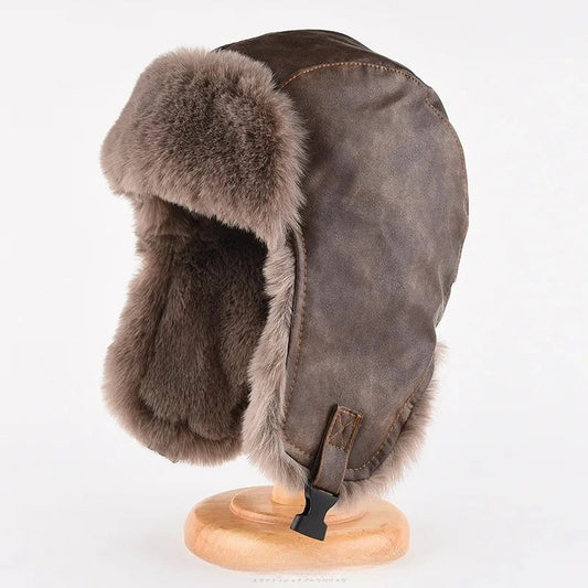 Faux Leather Winter Hats for Men Thickened Plush Fur-lined Bomber Trapper Hats with Ear Flaps Ushanka Russian Hats