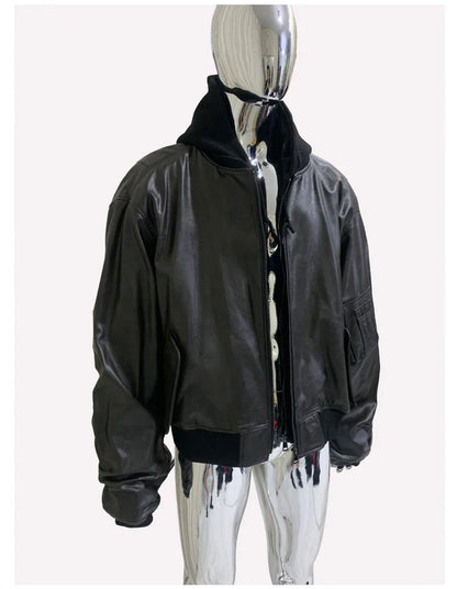 Spring Oversized Vintage Black Faux Suede Leather Jacket Men Zipper Fake 2 Piece Luxury Designer Clothes Hoodie 2024