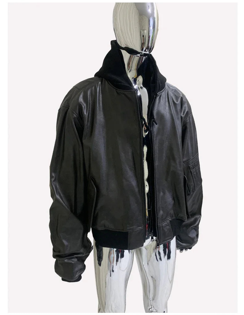 Spring Oversized Vintage Black Faux Suede Leather Jacket Men Zipper Fake 2 Piece Luxury Designer Clothes Hoodie 2024