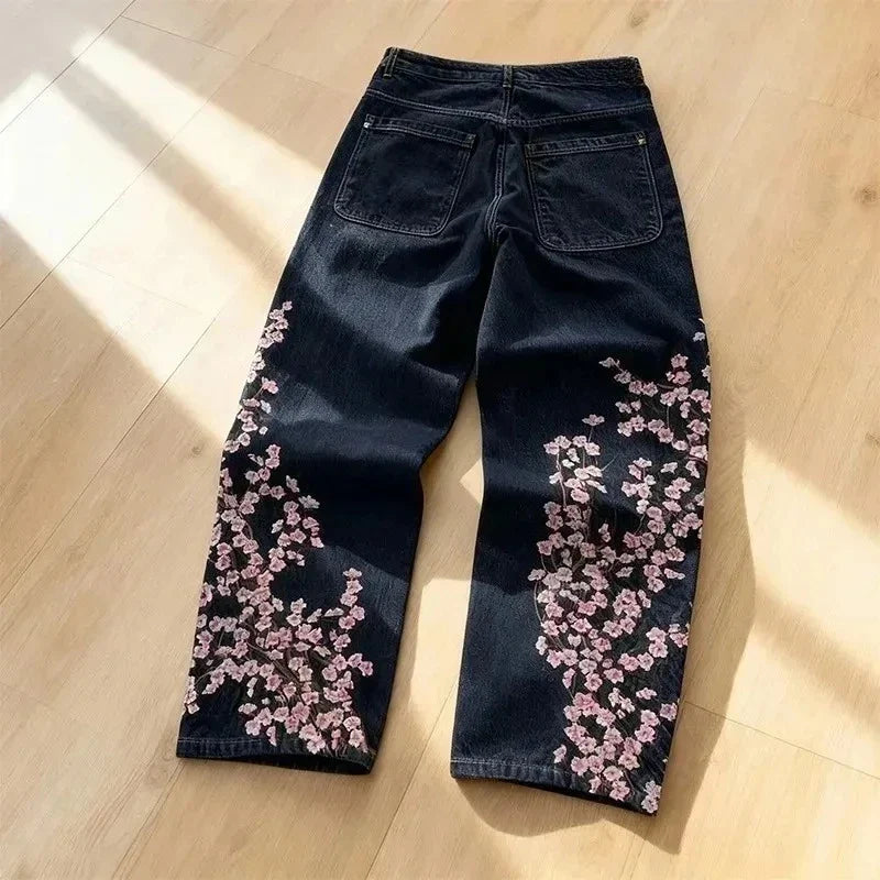 Y2K Harajuku Jeans Vintage Cherry Blossom Selvedge Denim Pants Hip Hop Gothic men women denim fabric wide leg pants streetwear