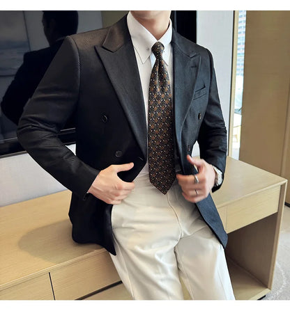 High Quality Men Double Breasted Blazer Suede Gilded Twill Slim Fit Business Social Formal Suit Jacket Tailcoats Men Clothes