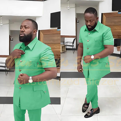 Summer Men's Suits Solid Color Short Sleeve Single Breasted Stand Lapel Casual Outfits 2 Piece Jacket Pants Set Slim Fit Terno