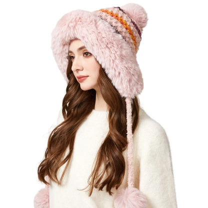 Three Pompoms Skullies Beanies Thick Warm Winter Hat Women Russian Fur Hat Ladies Knitted Hat Female Snow Ski Earflap Cap