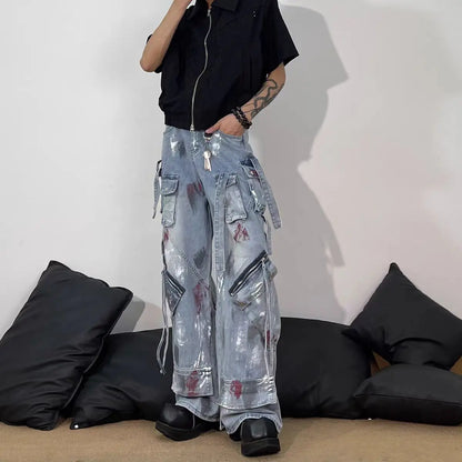Y2K Harajuku Gothic Multi-Pocket Washed Black Jeans Men And Women American 2000s Heavy Industry Oversize Hip Hop Wide Leg Pants