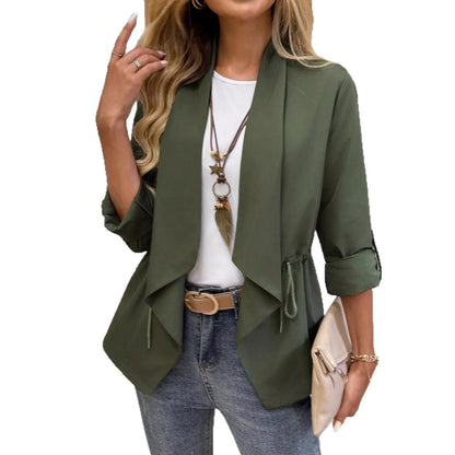 New Women's Long Sleeve Jacket Solid Color Fashionable Drawstring Short Lapel Jacket