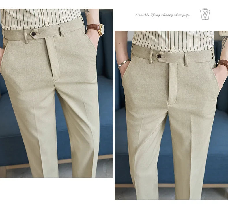 British Style Elastic Waist Men's Casual Slim Fit Trousers Summer High Quality Business Office Dress Wedding Party Suit Pants