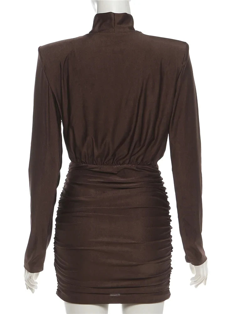 Classic Turtleneck Dress Women Shoulder Padded Ruched Sexy Office Commute Simple Peach Hip Skinny Elegant Mini Bodycon