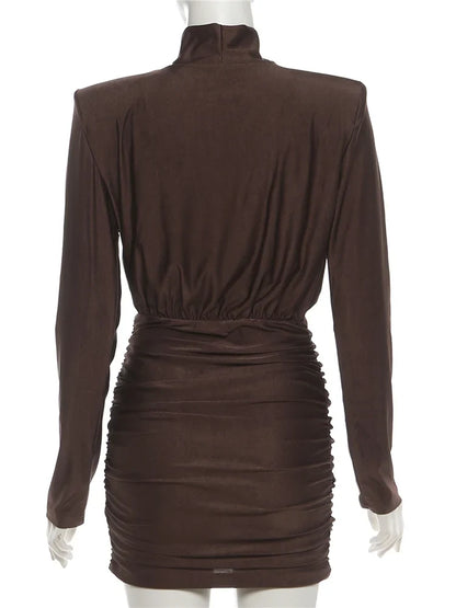 Classic Turtleneck Dress Women Shoulder Padded Ruched Sexy Office Commute Simple Peach Hip Skinny Elegant Mini Bodycon