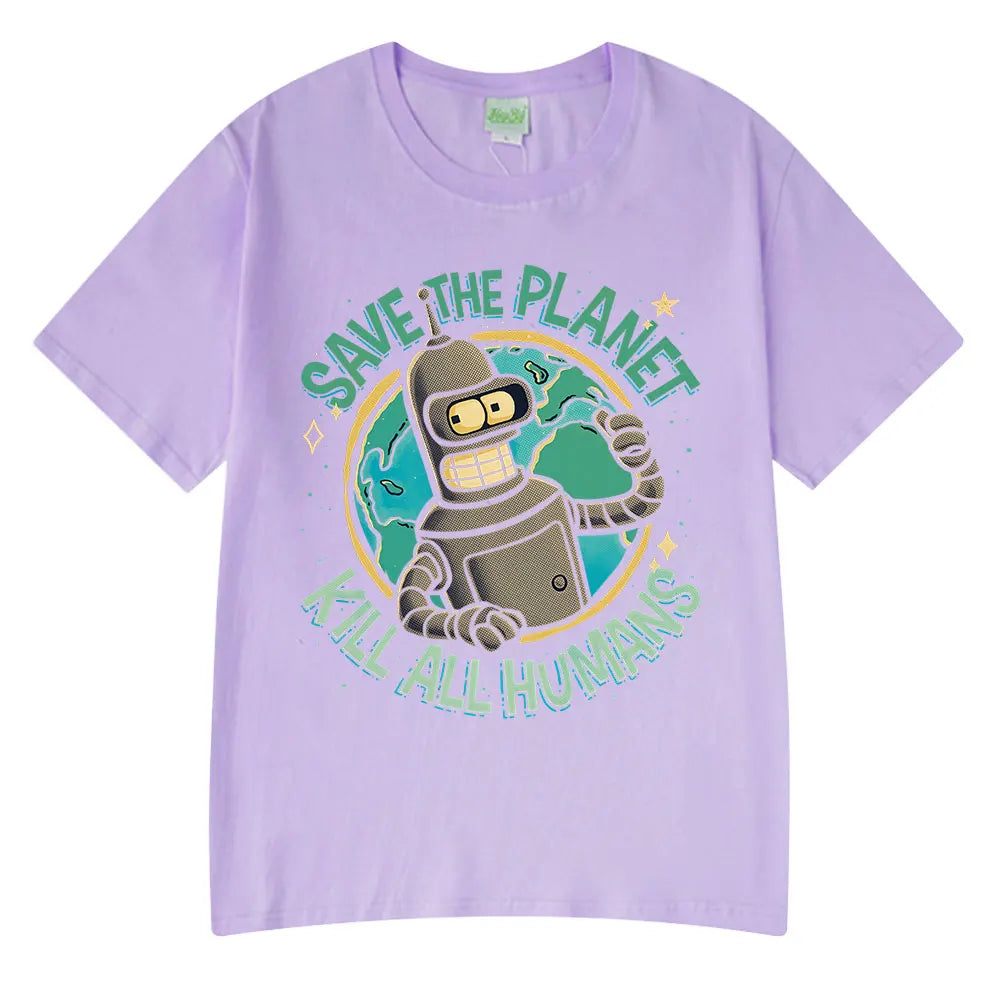 Funny Save The Planet Kill All Humans Robot Graphic Print T Shirt Men's Women Fashion Short Sleeve T-shirt Oversized Cotton Tees