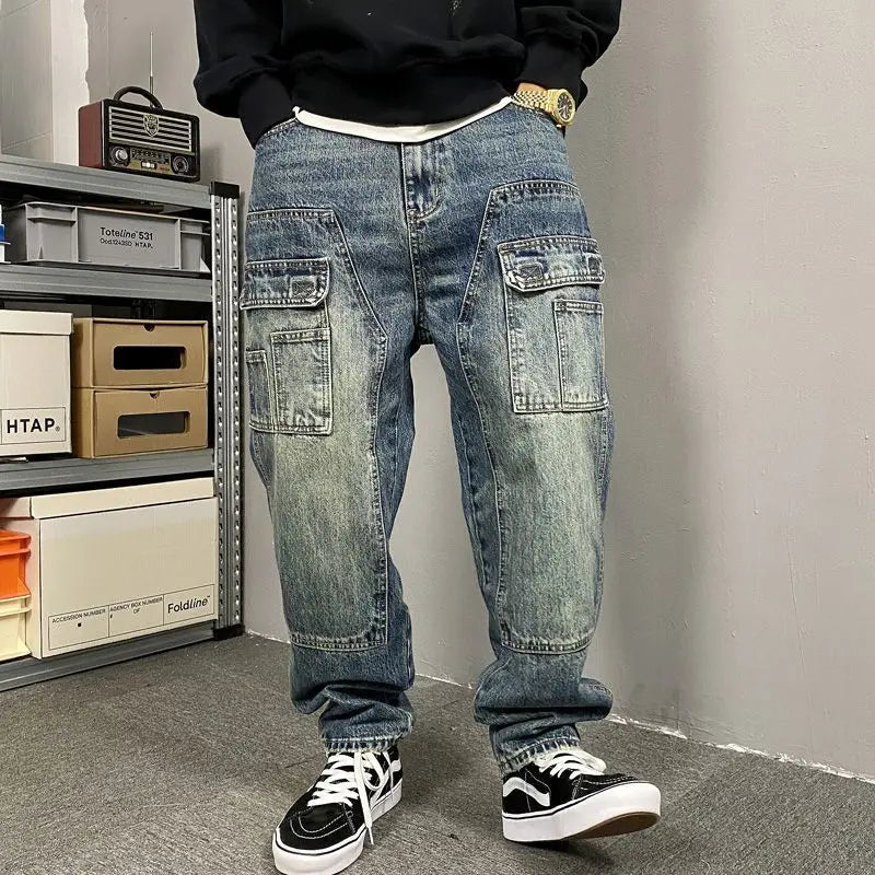 Autumn American Casual Ruffian Handsome Washed Retro Tooling Jeans Men's Straight Loose High Street Tapered Pants Tide