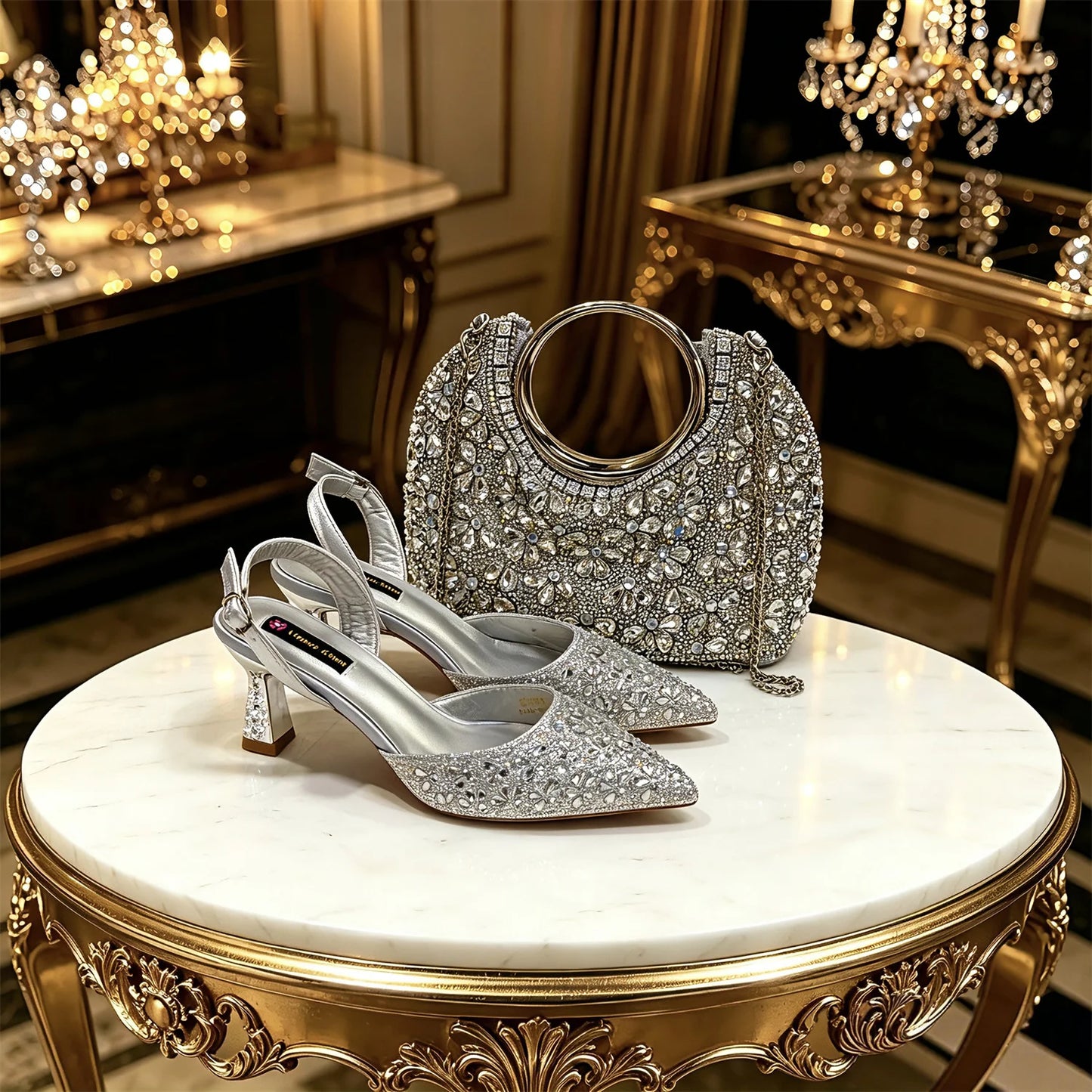 2026 New Arrival Italian-Inspired Peach Rhinestone Pointed Toe Women’s High Heels with Matching Handbag Set – Elegant Wedding
