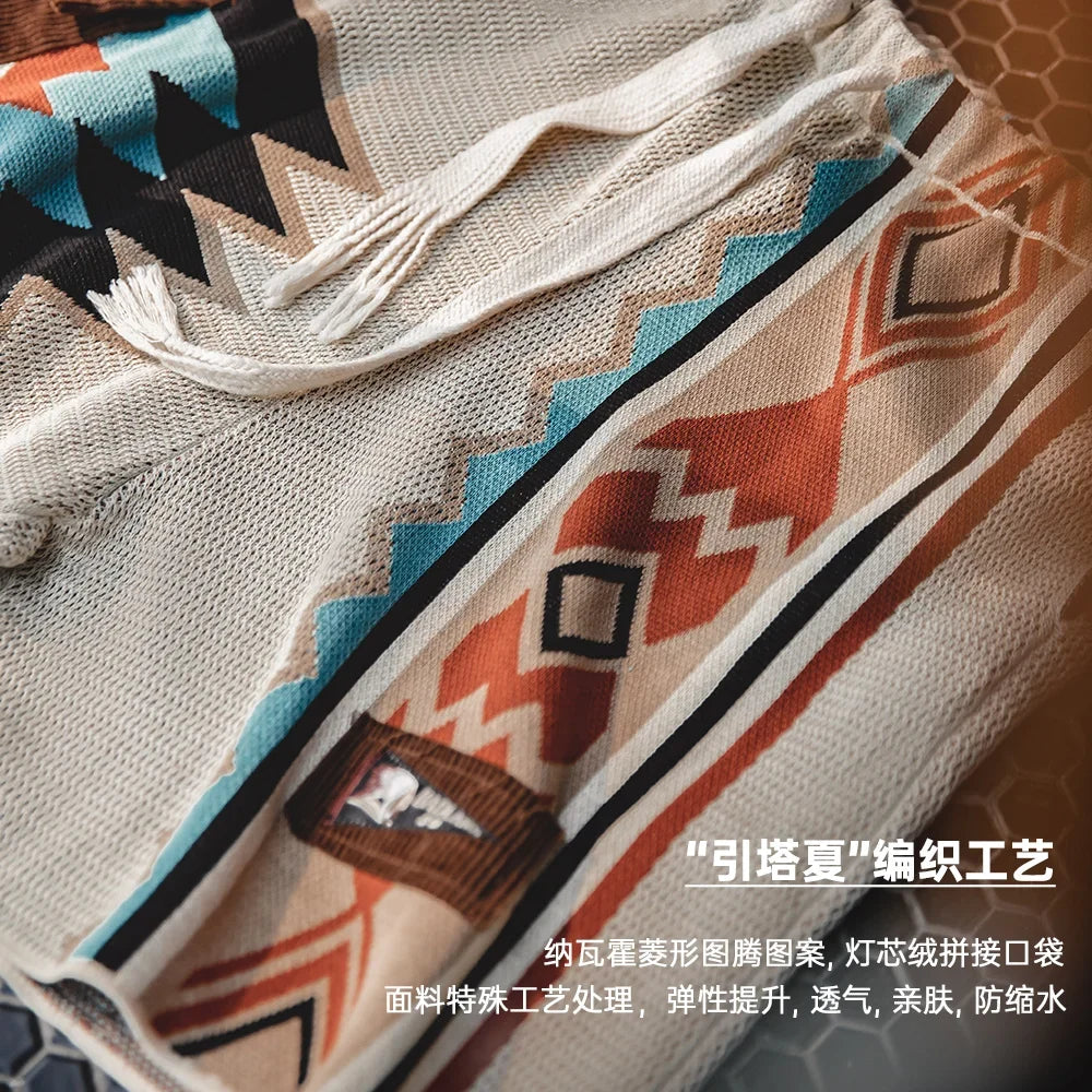 Navajo Totem Knitted Shorts Men's  Elastic Waist Casual Shorts with Corduroy Pocket Summer Beach Breathable Short Pants