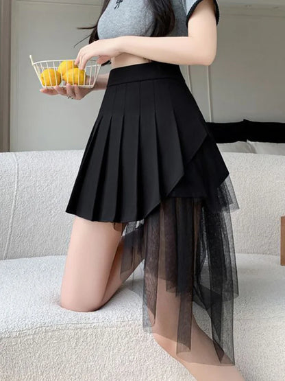 Mesh Patchwork Pleated Skirts Women High Waist Fashion Slim Sexy Mini Skirt Korean Sweet Preppy Style Spring Summer A Line Skirt