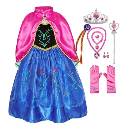 Disney Anna Dress with Cape for Kids Girl Carnival Princess Disguise Frozen Party Clothing Girls Hallloween Anna Gown Prom Dress
