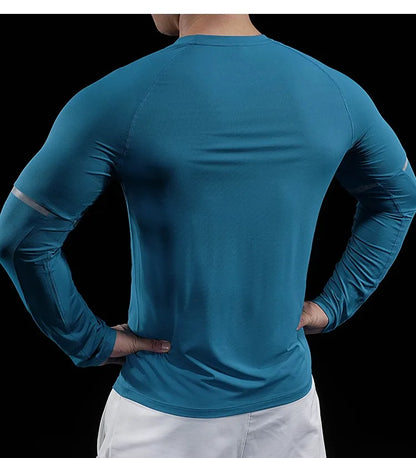 Autumn New Men's Sports Gym Fitness Clothes Reflective Strips Round Neck Training Long-sleeved T-shirt Running Slim Breathable