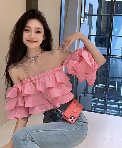 Off Shoulder Fashion Woman Blouse Stacked Ruffles Crop Top Shirt Summer Designer Short Sleeve Chiffon Sexy 2023 New