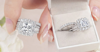 2Pcs 925 Silver Wedding Rings Set for Women Halo Princess Cut White Cubic Zircon Vintage Luxury Jewelry Engagement Ring