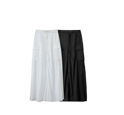 Vacation Long Skirt 2025 Summer Women Loose Sun Protection Office Lady Solid Pockets Elastic Waist Cord Slit Skirt 12542106