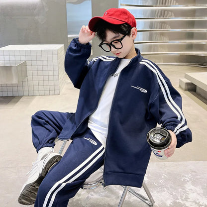 Spring Autumn Boys Navy Striped Zip Sweatshirt Coats+Sweatpant Sets School Kids Tracksuit Children Outfit Jogging Suit 3-14Yrs