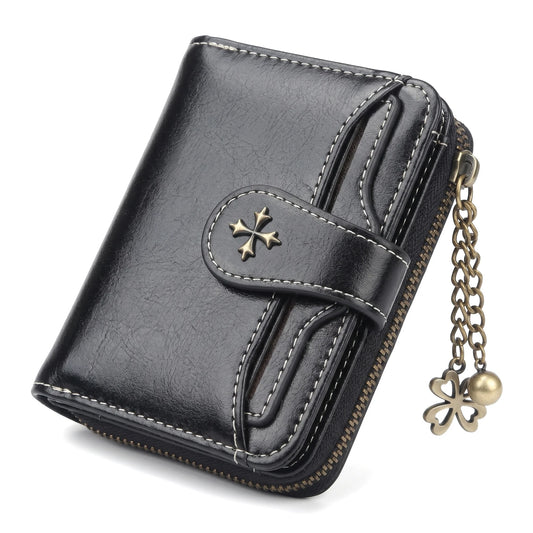 Portefeuille Mini Femme en Cuir Huilé Bloqueur, Multi-Cartes, Trèfle, Fermeture Éclair, Porte-Monnaie, Sac à Main Portable pour Dames, Bureau, Voyage Quotidien