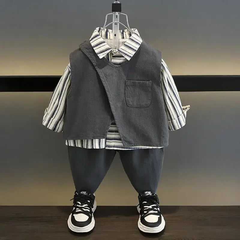 2-10Y Boys Clothing Set 2026 New Handsome Casual Spring and Autumn Baby Children's Vest T-shirt Pants 3 Piece Set Kids Outfits