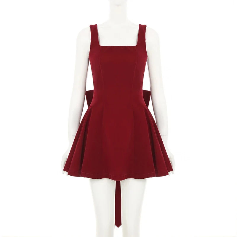 Fashion Red Bowknot Mini Dress Straps Square Collar Sleeveless Backless Vintage Cute Ladies Slim Party Short A-line Dresses
