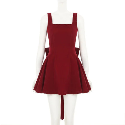 Fashion Red Bowknot Mini Dress Straps Square Collar Sleeveless Backless Vintage Cute Ladies Slim Party Short A-line Dresses