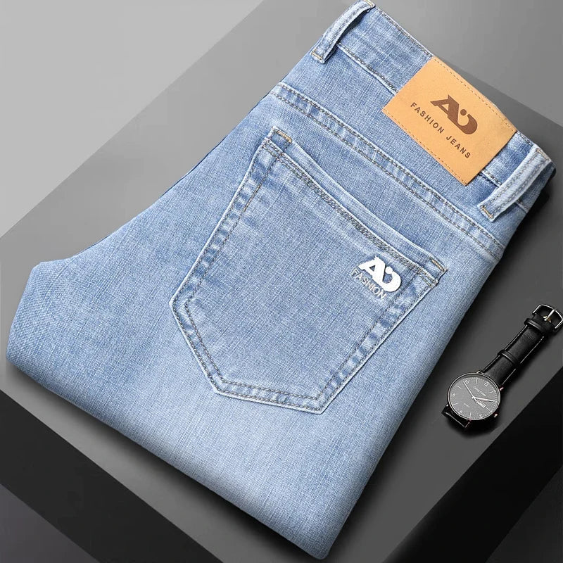Fashion Light Blue Slim Straight Jeans Men's Spring Autumn Elastic Comfortable Denim Pants Korean Casual Business Trousers