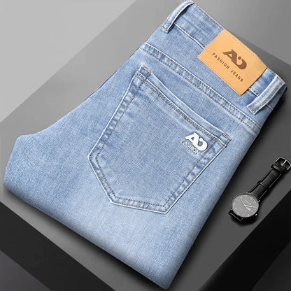 Fashion Light Blue Slim Straight Jeans Men's Spring Autumn Elastic Comfortable Denim Pants Korean Casual Business Trousers