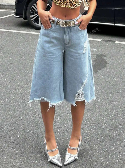 Women Asymmetric Fray Raw Hem Capri Jeans Light Blue Distressed Ripped Loose Fit Street Mid Calf Denim Shorts