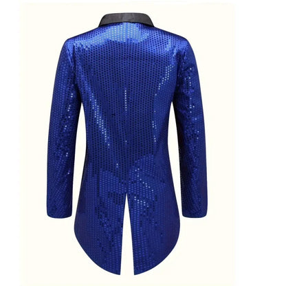 2026 Men's Gold V-Neck Long Sleeve Tuxedo, TV Performance Magic Long Jacket Shiny Sequin Decoration Red Blue Black Blazer S-XXL