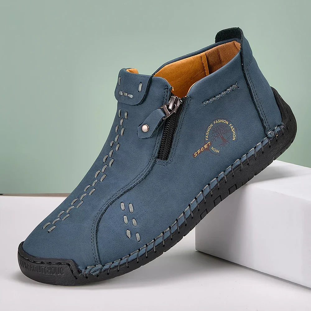 Classic Handmade Leather Men Shoes Zipper Design Outdoor Sneakers Slip On Breathable Casual Shoes Leather Men Ankle Boots